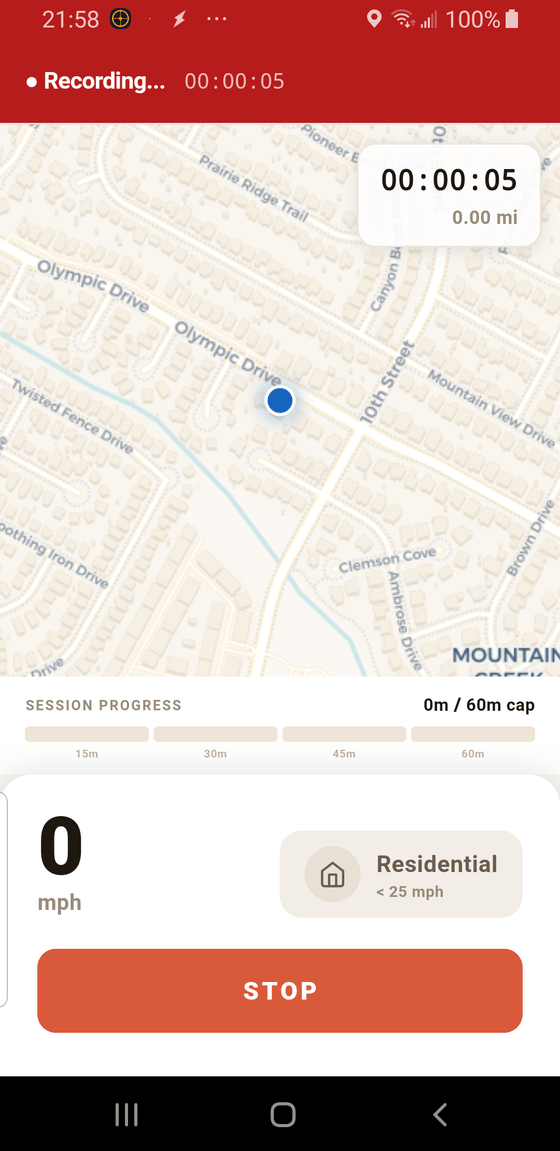 Live recording screen with map, timer, STOP button