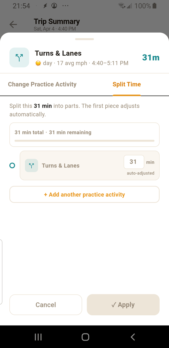 The Split Time tab with a 34 min total / 19 min remaining progress bar, a Starting/Stopping row auto-adjusted to 19 min, a Turns and Lanes row set to 15 min with a remove X, and an orange Add another practice activity button