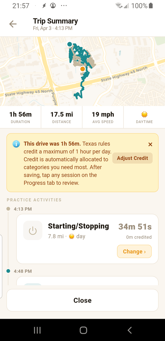 Trip summary with route map and per-segment breakdown